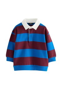 Barns rugbyinspirerade långärmade tröja med breda horisontella blå och vinröda ränder och en vit krage på en vit bakgrund.