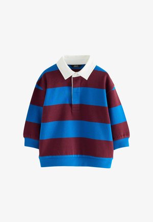 Maglietta a maniche lunghe in stile rugby per bambini, con ampie strisce orizzontali blu e maro e colletto bianco su sfondo bianco.