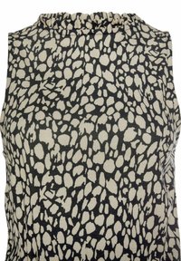 Bezramieniowy top z kremowo-czarnym, abstrakcyjnym wzorem w kamyki, z marszczonym dekoltem. Wykonany z lekkiego materiału.