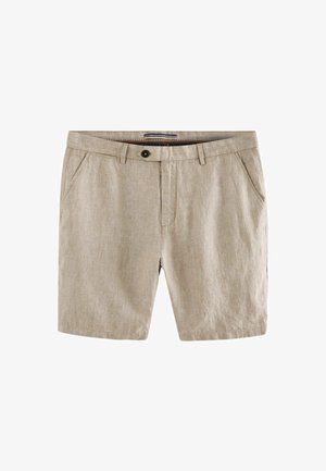 Shorts in lino beige con davanti piatto, due tasche laterali, chiusura con bottone e una texture sottile. Presentano un taglio classico e un design pulito.