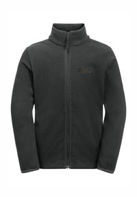 Veste en polaire noire avec un col montant, fermeture éclair sur toute la longueur, et un logo brodé sur la poitrine gauche. Texture lisse et design ajusté.