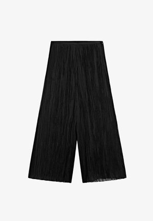 Schwarze, plissierte, weite Hosen aus einem strukturierten Stoff, mit hoher Taille und fließender Silhouette. Keine sichtbaren Beschläge oder Akzente.
