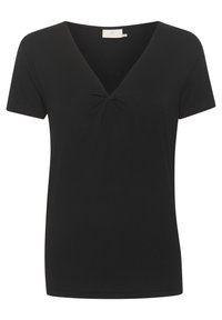 Haut noir à manches courtes avec un décolleté en V, présentant un détail de nœud froncé à l'avant. Fabriqué en tissu doux et extensible.