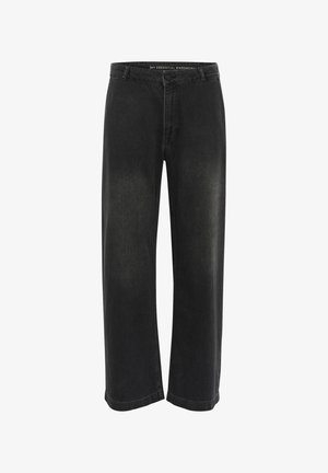 Musta denim laiad püksid nupuga sulgemisega, klassikalise viie-tasku disainiga ja kergelt kullatud tekstuuriga.