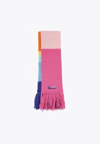 Scarf multicolore con sezioni in rosa, arancione, giallo, verde, blu e viola. Texture morbida con dettagli in frange e un piccolo logo.