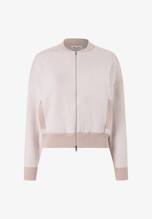 Cardigan en tricot rose clair à fermeture éclair, avec col, poignets et ourlet côtelés, doté de poches fendues sur les côtés et d'une coupe simple et décontractée.
