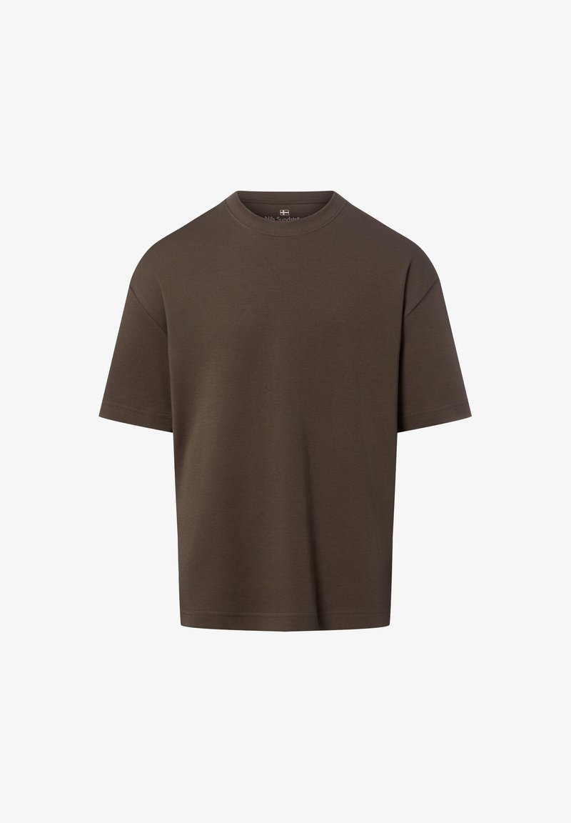 Braunes T-Shirt mit kurzen Ärmeln aus weichem Stoff, mit rundem Ausschnitt und weiter Passform sowie geradem Saum. Minimalistisches Design, ohne Muster.