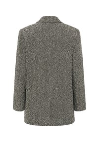 Tweed blazer in zwart en wit met een textuurpatroon, single-breasted ontwerp en geknipte revers; heeft lange mouwen en een casual pasvorm.