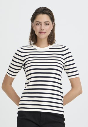 Maglietta a maniche corte a righe color crema e blu navy, con scollo rotondo e design aderente, realizzata in un tessuto morbido ed elastico.