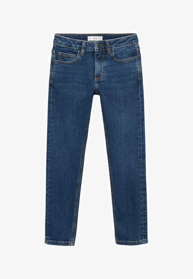 Uske slim fit tamno plavi traperice s dizajnom od pet džepova, zatvaračem na munju i mesinganom dugmetom. S laganim trošenjem i blago suženim nogavicama.