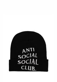 Czarna, dziana czapka beanie z białym haftem tekstu "ANTI SOCIAL SOCIAL CLUB" w zakrzywionym układzie. Klasyczny kształt beanie z podwiniętym brzegiem.
