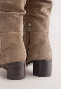 Bottes hautes jusqu'au genou en daim beige avec une fermeture éclair, dotées d'un talon en bois épais et d'un tissu froncé pour la texture et la forme.