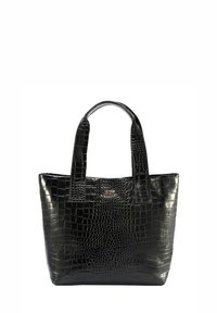 Czarna torebka typu tote z tłoczonym wzorem krokodyla, z podwójnymi uchwytami, w kształcie kwadratu, z błyszczącą fakturą i subtelnym logo na środku.
