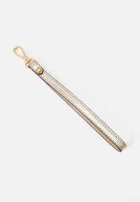 Metallic gold wrist strap with stitched edges and a gold-tone lobster clasp on a white background.