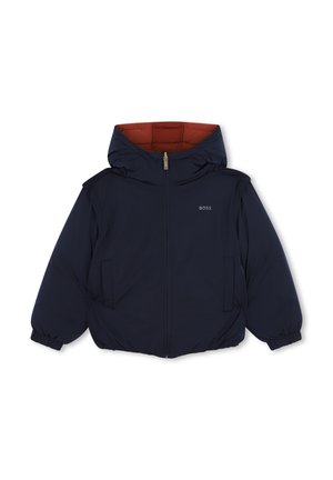 Doudoune bleu marine pour enfants avec capuche, fermeture éclair sur le devant, poignets élastiques, poches latérales et doublure matelassée marron.
