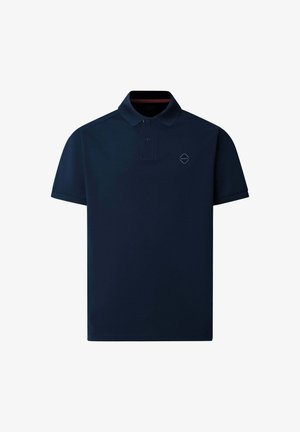 Marineblå kortærmet poloshirt med to-knaps åbning og lille diamantformet logo på venstre bryst.