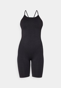 Svart bodysuit med spaghetti-stropper, laget av et glatt og elastisk materiale. Har en tettsittende design og midt-lår lengde.
