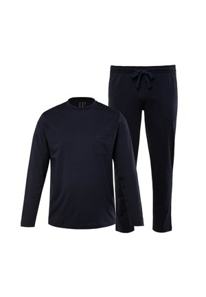 Navyblauw long-sleeve shirt met een borstzak, gecombineerd met bijpassende broek met een elastische tailleband en trekkoord. Zachte stofstructuur.