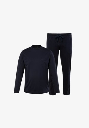 Navyblauw long-sleeve shirt met een borstzak, gecombineerd met bijpassende broek met een elastische tailleband en trekkoord. Zachte stofstructuur.