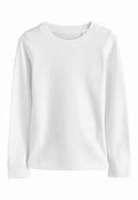 Vit långärmad termoshirt, ribbat mönster, rund hals, åtsittande ärmslut, mjukt tyg, inga synliga logotyper eller mönster.