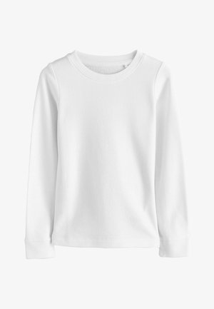 Biela termálna košeľa s dlhým rukávom, rebrovaná textúra, okrúhly výstrih, priliehavé manžety, mäkký materiál, žiadne viditeľné logo ani vzory.