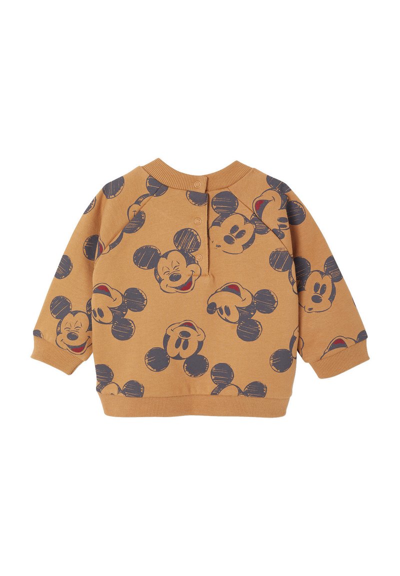 Baumwollpulli in Senfgelb mit einem wiederholten Mickey Mouse Druck. Mit langen Ärmeln, rundem Ausschnitt und einem Knopfverschluss auf der Rückseite.