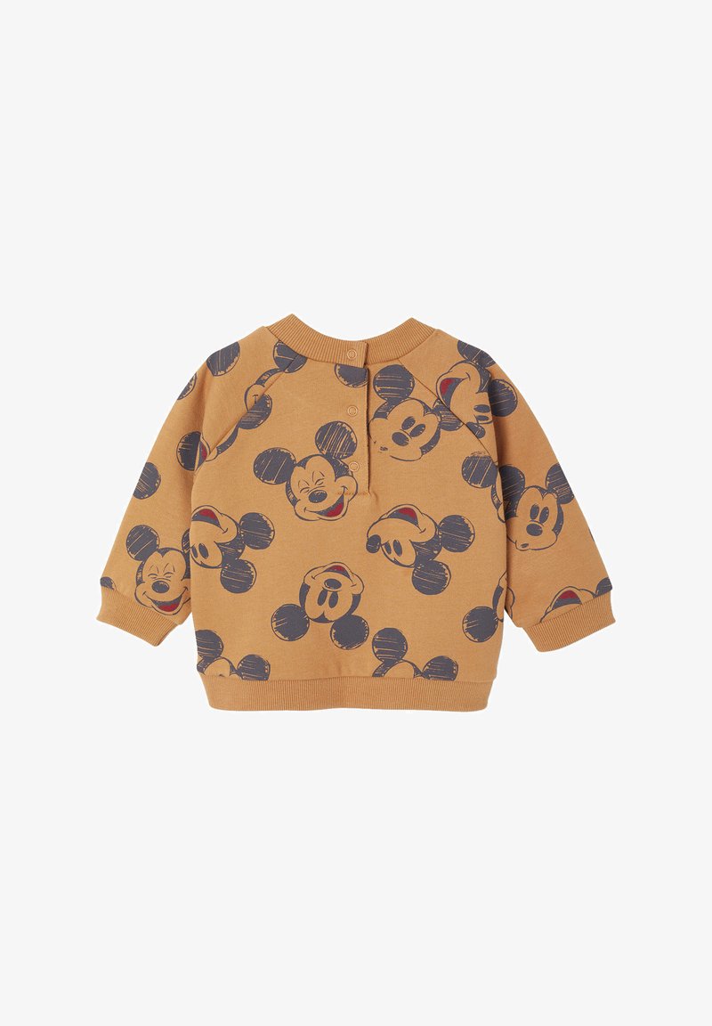 Baumwollpulli in Senfgelb mit einem wiederholten Mickey Mouse Druck. Mit langen Ärmeln, rundem Ausschnitt und einem Knopfverschluss auf der Rückseite.