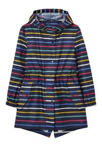 Imperméable à capuche pour enfants avec des rayures horizontales multicolores, boutons-pression à l'avant, taille élastique et deux poches avant.
