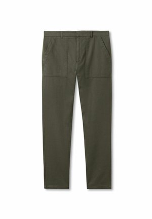 Olivgrüne Baumwollhose mit geradem Bein, ausgestattet mit zwei Fronttaschen und sichtbaren Nähdetails.