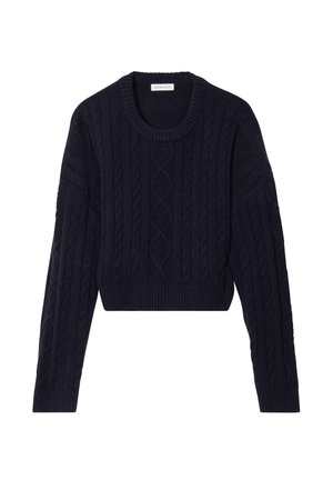 Maglione corto blu navy con motivo a trecce, colletto e polsini a coste. Maniche lunghe con dettagli testurizzati.