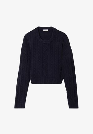 Mørkeblå cropped sweater med kabelstrik mønster, ribbet halsudskæring og manchetter. Lange ærmer med teksturerede detaljer.