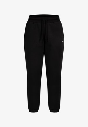 Černé tepláky vyrobené z měkké bavlněné směsi. Mají elastický pas s šňůrkou, manžetové kotníky a malé logo na boku.