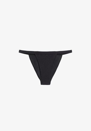 Zwarte naadloze string met een dunne tailleband, gemaakt van glad, rekbaar stof voor een aansluitende pasvorm.