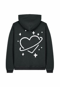 Felpa nera con cappuccio caratterizzata da una grafica bianca di un cuore con un anello planetario e stelle sul retro, realizzata in morbido cotone.