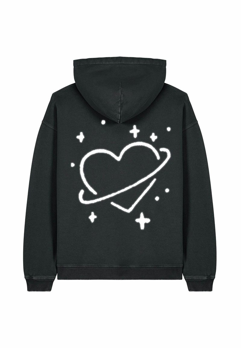 Felpa nera con cappuccio caratterizzata da una grafica bianca di un cuore con un anello planetario e stelle sul retro, realizzata in morbido cotone.