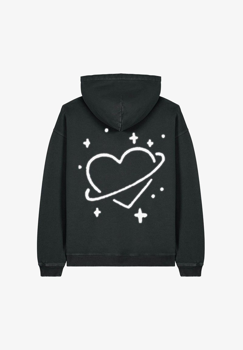 Felpa nera con cappuccio caratterizzata da una grafica bianca di un cuore con un anello planetario e stelle sul retro, realizzata in morbido cotone.