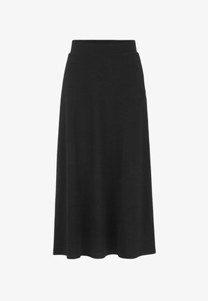 Musta polvipituinen hame, jossa on joustava vyötärö ja sileä pinta, yksinkertainen muotoilu ilman näkyviä kuvioita tai koristeita.