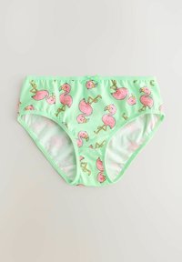 Miętowe bikini z białym wzorem powtarzających się różowych flamingów z żółtymi akcentami. Wykonane z gładkiego materiału z miękką talią.