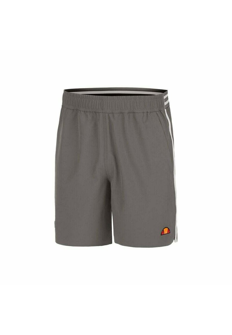 Grijze sportshorts met een elastische tailleband, zijstrepen en een kleurrijke logo patch. De stof is lichtgewicht en glad.