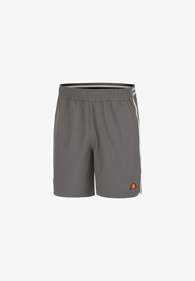 Grijze sportshorts met een elastische tailleband, zijstrepen en een kleurrijke logo patch. De stof is lichtgewicht en glad.