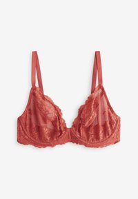 Kant bralette in koraal met transparante stof. Heeft geschulpte randen en dunne satijnen schouderbandjes. Bloemenpatroon door de gehele bralette.