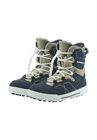 Heren Lowa wandelschoenen met een bovenwerk van marineblauwe suede en kaki stof, witte veters en een rubberen zool met textuur en grip.