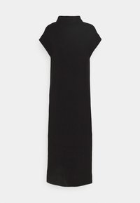 Schwarzes gestricktes Kleid mit hohem Kragen, kurzen Ärmeln und seitlichen Schlitzen. Glatte Textur mit einer lockeren, geraden Silhouette.