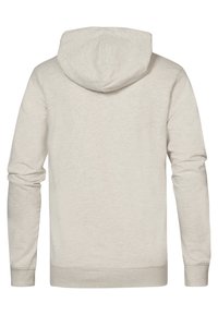 Sudadera gris claro con una textura suave, mangas largas y capucha con cordón. Presenta puños y dobladillo acanalados, vista trasera únicamente.