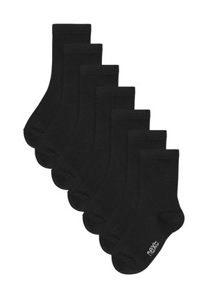 Sieben Paar schwarze Baumwollsocken mit glatter Textur, knöchellang, verstärkter Spitze und dezentem weißen Logo an der Seite.