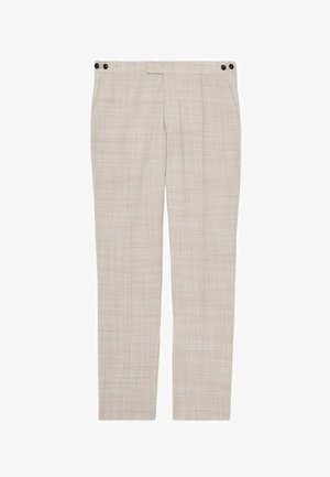 Pantaloni bej slim fit cu model discret în carouri, buzunare laterale și detalii cu nasturi negri pe talie.
