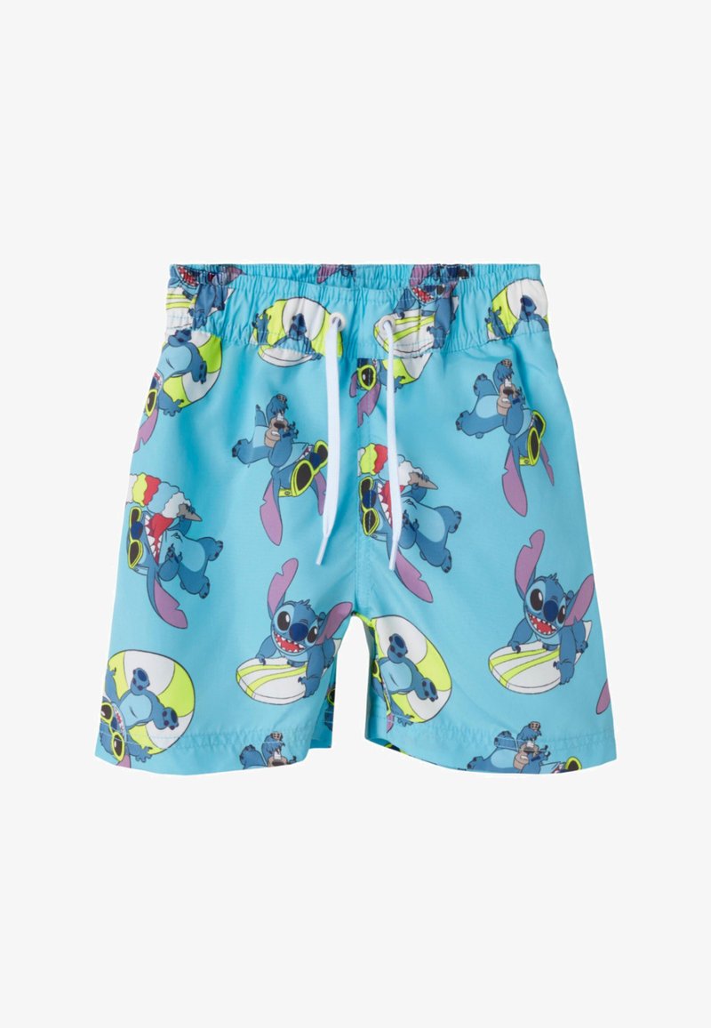 Jasnoniebieskie kąpielówki z nadrukiem powtarzającego się motywu postaci Stitch. Elastyczny pas z troczkiem, wykonane z materiału szybkoschnącego.