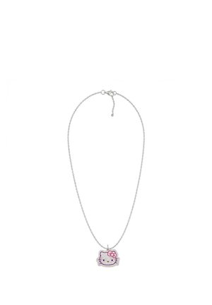 Silver chain necklace with a glittery Hello Kitty face pendant featuring a pink bow on the left ear.