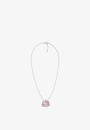 Collana con catenina in argento con pendente a forma del volto di Hello Kitty brillante con fiocco rosa sull'orecchio sinistro.