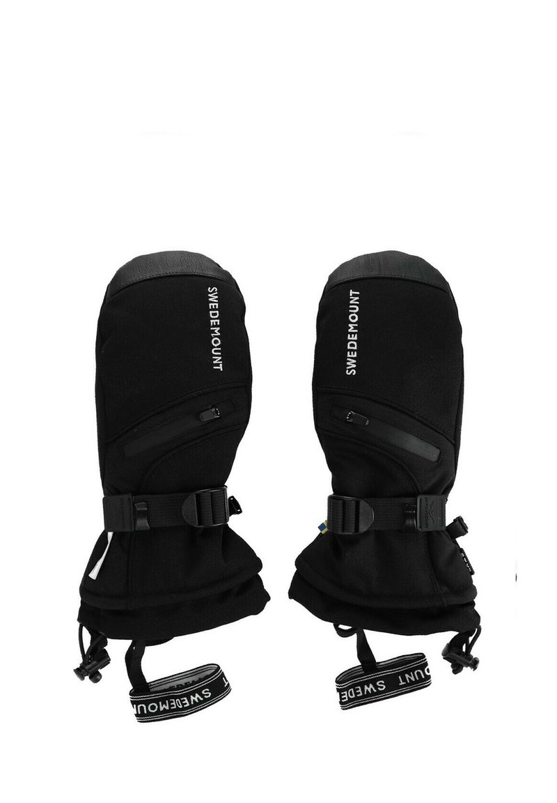 Black mittens with a padded design, featuring a gray top and adjustable straps. Includes zippered pocket for convenience and a logo.